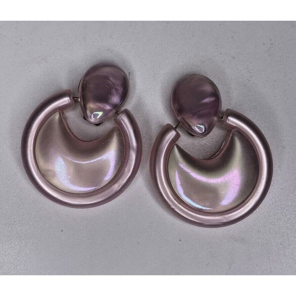 Vintage 80's Drop Hoop Clip On Earrings Iridescent Pink A-8